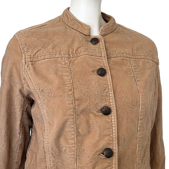Vintage Y2K Tan Corduroy Jacket Tonal Floral Embroidered Medium Boho Cottagecore - Picture 9 of 13